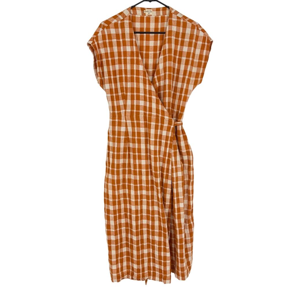 Bridge & Burn Saria Orange Marigold Plaid Linen Blend Wrap Midi Dress Size Small